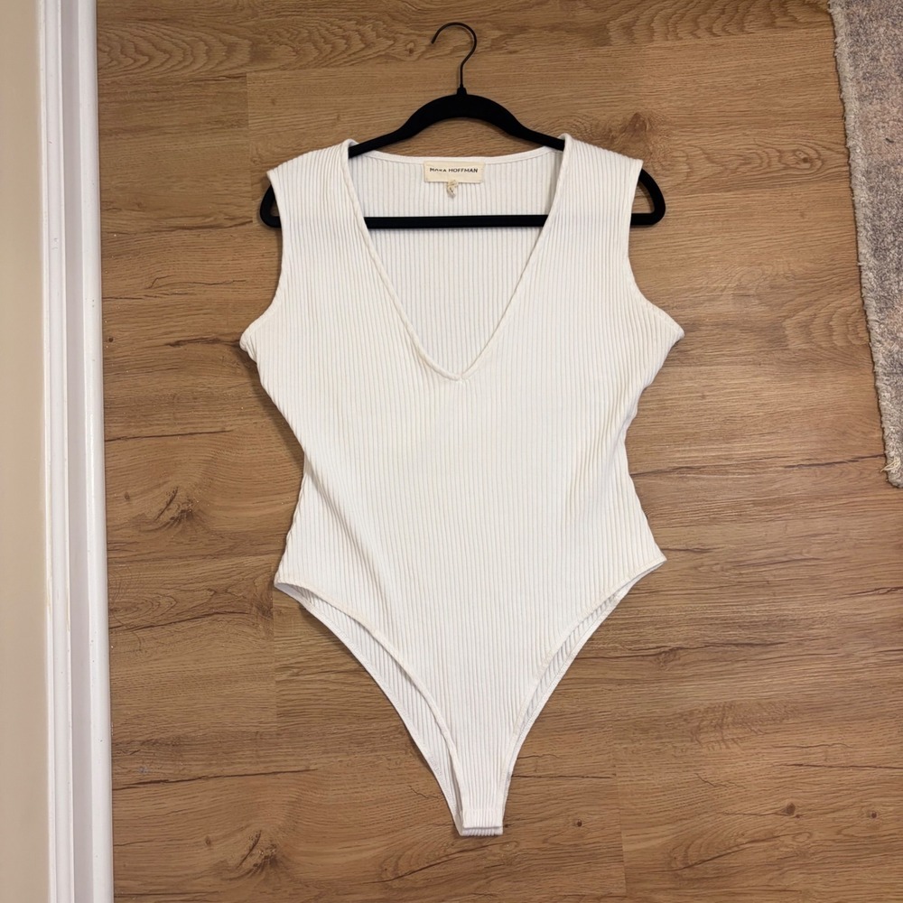 Mara Hoffman Bodysuit Large White Ribbed Deep V-Neck Sleeveless Thong Snap - Picture 8 of 8